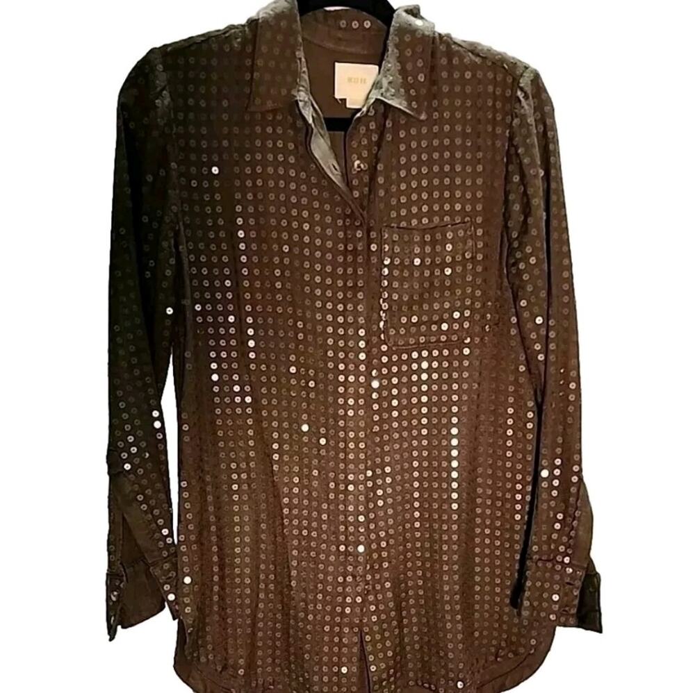 Maeve Anthropologie Womens S Green Sequin Button Down Long Sleeve Shirt Holiday